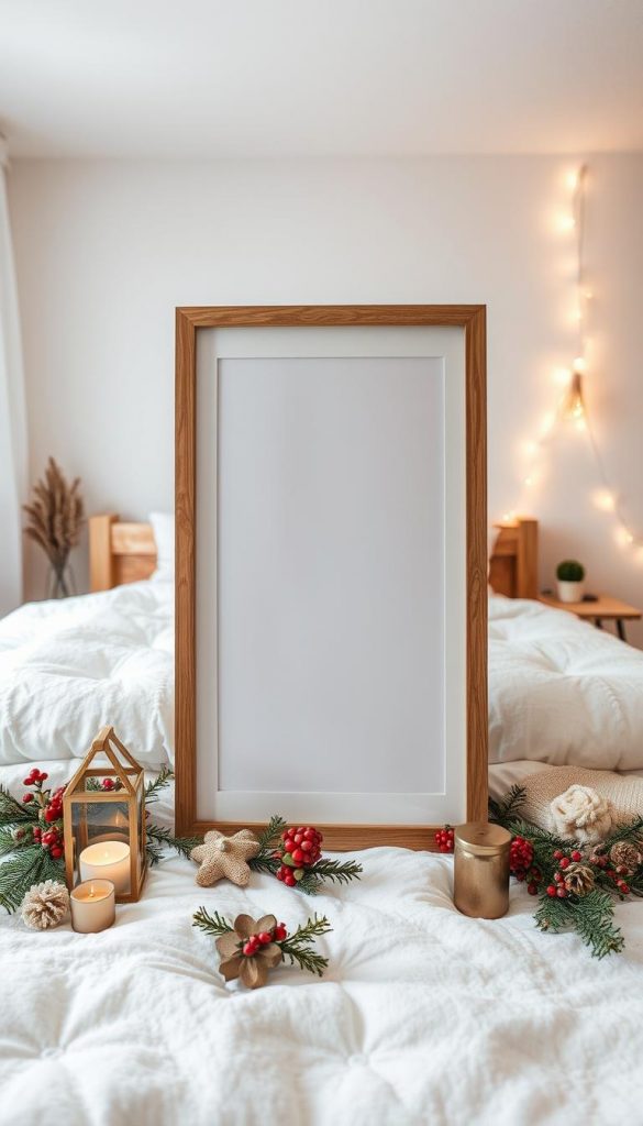 Natürlich gestylte Fotoaufnahme einer gemütlichen Winterstimmung. Weiche Beleuchtung erhellt ein elegantes, nordisches Schlafzimmer-Arrangement mit Holzbett, Felldecke und Kissen. Im Vordergrund ein schlichter Holzrahmen mit einem stilvollen, authentischen Foto, umgeben von saisonalen Accessoires wie Kerzen, Tannenzweigen und Blumen. Warme Erdtöne, zarte Pastellfarben und eine leichte Unschärfe verleihen der Szene eine gemütliche, Pinterest-reife Atmosphäre. Natürlich gestylte Fotoaufnahme einer gemütlichen Winterstimmung. Weiche Beleuchtung erhellt ein elegantes, nordisches Schlafzimmer-Arrangement mit Holzbett, Felldecke und Kissen. Im Vordergrund ein schlichter Holzrahmen mit einem stilvollen, authentischen Foto, umgeben von saisonalen Accessoires wie Kerzen, Tannenzweigen und Blumen. Warme Erdtöne, zarte Pastellfarben und eine leichte Unschärfe verleihen der Szene eine gemütliche, Pinterest-reife Atmosphäre.
