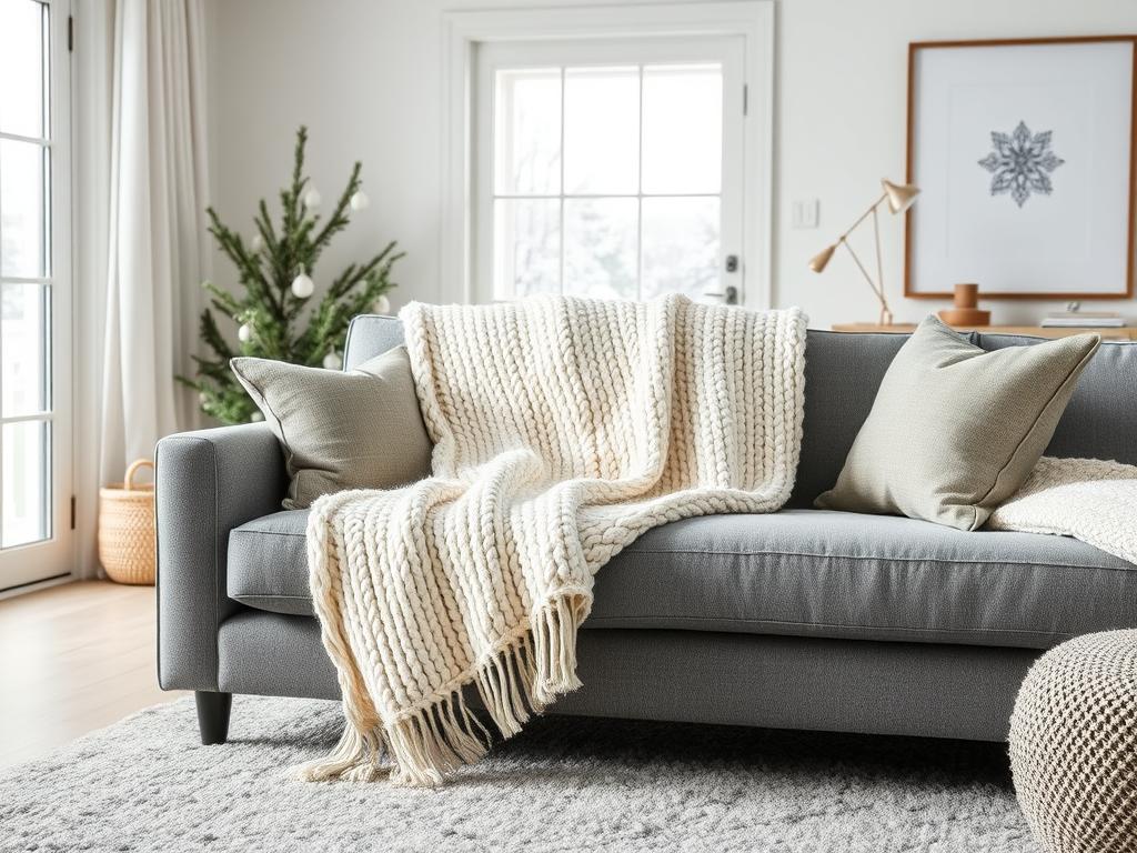 Nordische Strickdecke Hygge in cremeweiß auf einem grauen Sofa drapiert mit Cozy Winter Home Decor 2026 Stil