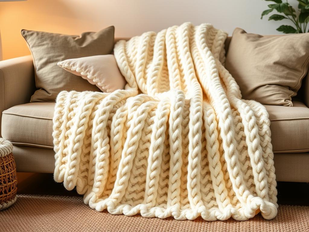 Nordische Strickdecke in cremeweiß auf einem Sofa drapiert mit Kissen