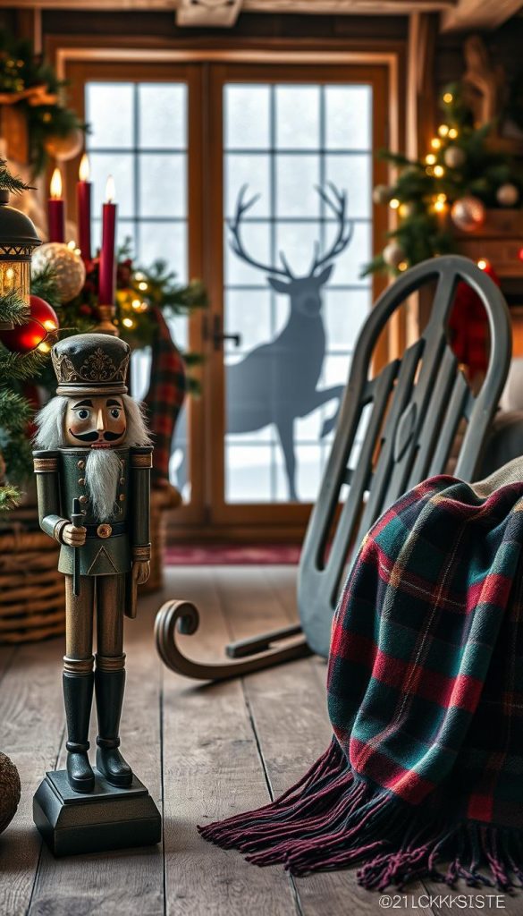 Nostalgic Christmas decor in a cozy, traditional setting. A warm, rustic interior with a focus on natural materials and vintage-inspired elements. In the foreground, an ornate wooden nutcracker stands guard beside a classic red-and-green plaid throw. In the middle ground, a vintage wooden sled leans against a fireplace mantel adorned with sprigs of holly and twinkling string lights. In the background, a majestic reindeer silhouette is visible through a frosty window, overlooking a snowy winter landscape. Soft, ambient lighting casts a inviting glow throughout the scene. Authentic and inspiring - a KlickKiste Christmas dream.