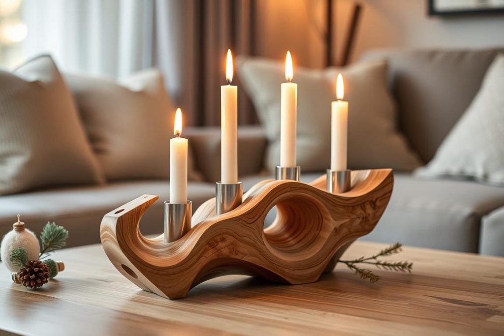 Organisch geformter Holz-Kerzenhalter mit angezündeten Kerzen als Teil von Cozy Winter Home Decor 2026