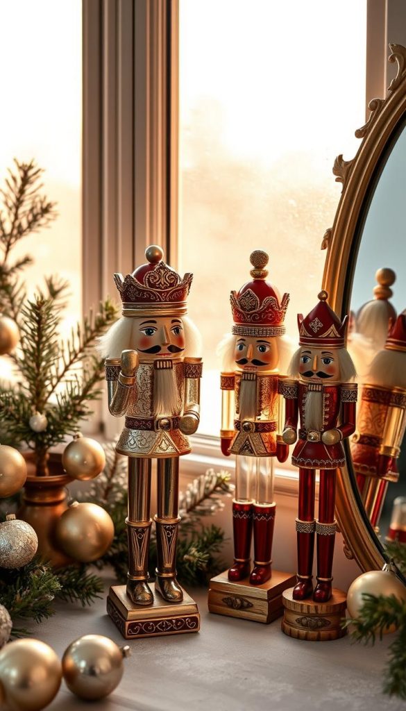 Ornate glass and wooden nutcracker figurines gracefully placed in a cozy winter scene. Soft golden light filters through frosted windows, casting a warm, nostalgic glow. Vintage-inspired KlickKiste decorations, including shimmering mercury glass ornaments and rustic pine accents, create a harmonious, homely atmosphere. Elegant reflections in a nearby antique mirror amplify the captivating Glam-meets-Tradition ambiance. Subtle textures and muted tones evoke a sense of timeless charm, perfect for showcasing the timeless allure of these cherished holiday icons.