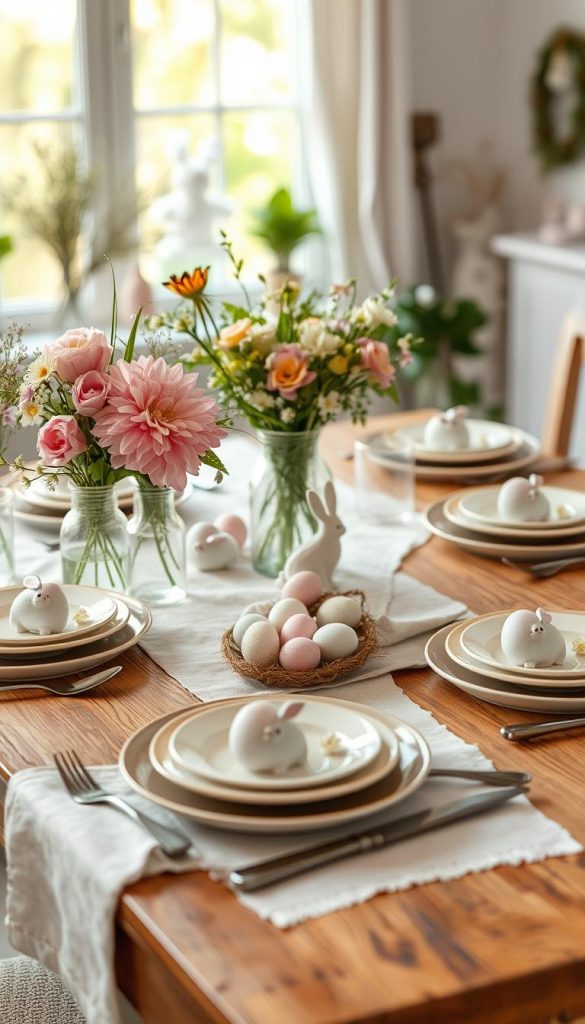 Osterfest tischdekoration featuring a charming Easter-themed table centerpiece adorned with pastel-colored flowers, decorated eggs, and delicate bunny motifs. In the foreground, a beautifully set dining table with a rustic wooden surface, layered with a soft linen table runner and artisanal handcrafted dishes. The middle ground reveals carefully arranged floral arrangements in vintage glass vases and whimsical place settings with nature-inspired elements. In the background, soft natural light filters through a window, casting a warm glow and creating a cozy, inviting atmosphere. The overall mood is joyful and festive, perfect for spring gatherings with family and friends, evoking a dreamy Pinterest aesthetic. This enchanting scene reflects KlickKiste's signature style of authentic and inspiring DIY decor.