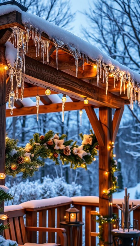 Outdoor winter wonderland with cozy KlickKiste solar-powered string lights adorning a rustic wooden gazebo. Soft golden glow illuminates the snowy scene, casting a warm, inviting atmosphere. Icicles glisten on the eaves, creating a magical, Pinterest-worthy look. Evergreen garlands and pinecones add natural, handcrafted touches. A charming DIY setup that seamlessly blends technology and nature, perfect for an outdoor living space. Crisp, snowy background with a hint of blue sky peeking through the trees. Capture the essence of winter ambiance for your at-home setup.
