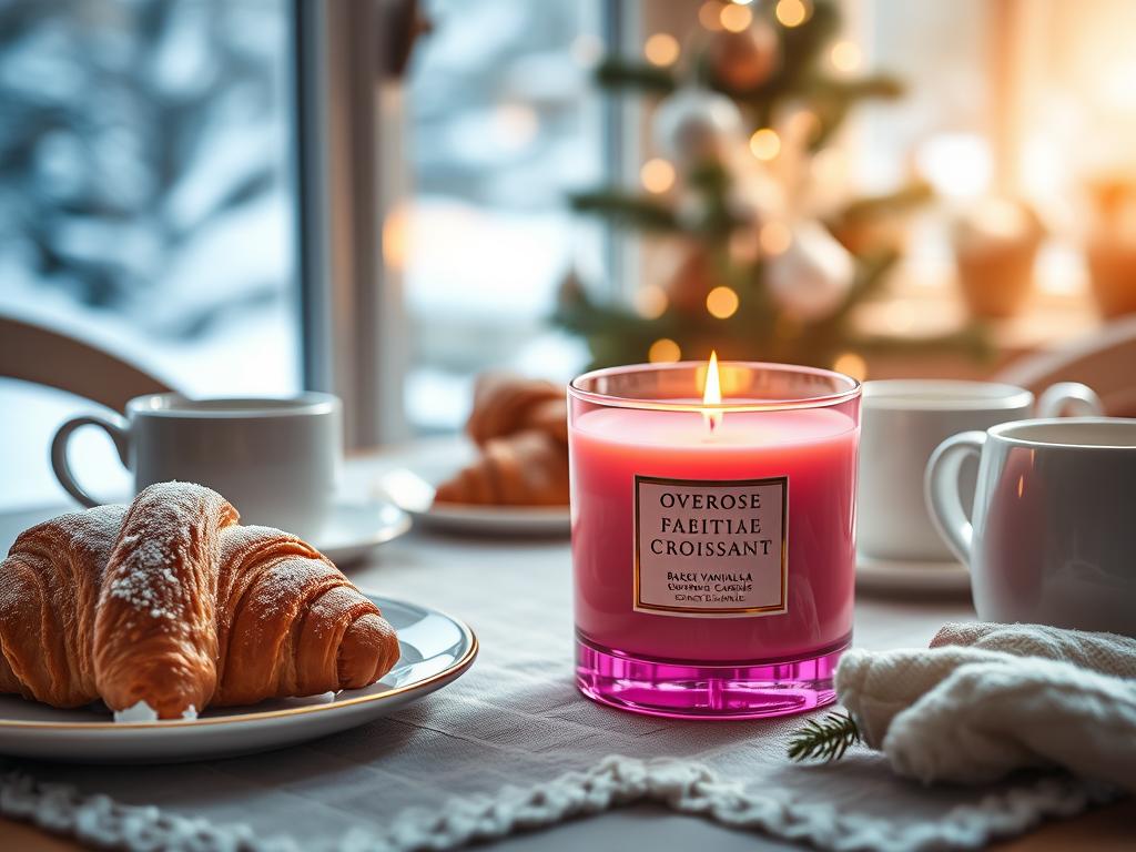 Overose Baked Vanilla Croissant Duftkerze in einem rosa Glas auf einem Frühstückstisch