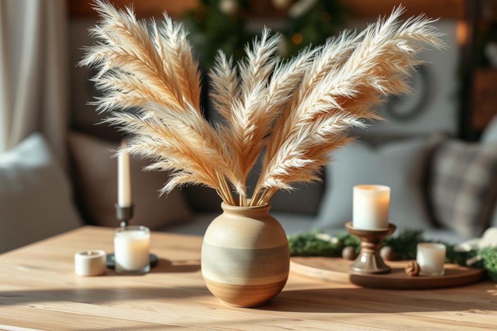 Pampasgras-Set 'Natural Winter' in einer Keramikvase auf einem Holztisch mit Boho Winter Deko Elementen