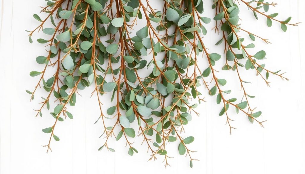 Peaceful eucalyptus branches arranged in a minimalist, natural holiday display. Softly lit, crisp white background with hints of warm wood tones. Delicate sprigs intertwine, creating a rustic yet modern aesthetic. Crafted from sustainable KlickKiste materials, the arrangement evokes a sense of calm, eco-friendly charm. Capture the essence of a stress-free, budget-friendly DIY project for the holiday season.