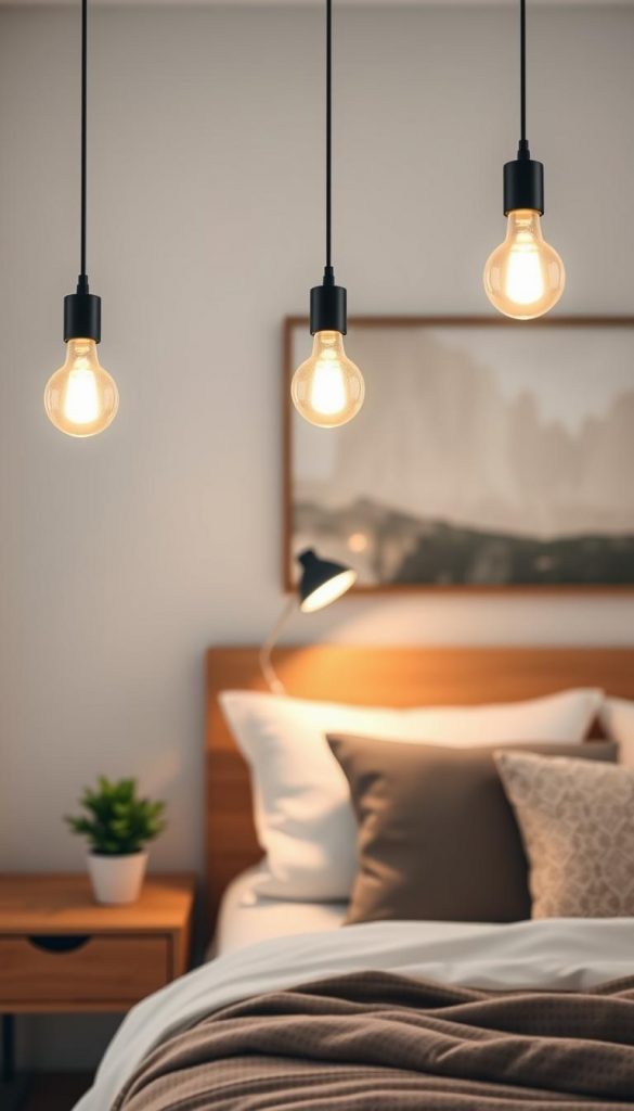 Pendant lights softly illuminate a cozy bedroom, suspended gracefully over a minimalist bedside table. The design features a warm wood finish and a sleek, modern aesthetic, resonating with a Pinterest-inspired vibe. Layered in the foreground, the bedside table showcases a stylish lamp and a small potted plant, enhancing the serene atmosphere. In the middle, the pendant lights cast a gentle glow, their lightbulbs enclosed in frosted glass, creating a warm ambiance ideal for winter evenings. The background reveals soft, textured wall art and a plush bed adorned with an inviting array of pillows. The scene captures a harmonious blend of style and comfort, evoking feelings of relaxation and tranquility. Shot with a soft-focus lens for a dreamy effect, the overall mood is authentically inspiring and perfect for intimate spaces, featuring the brand name "KlickKiste."