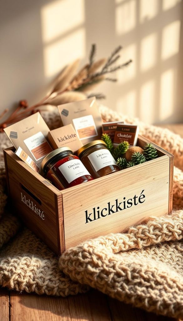 Personalized gift box in a natural, cozy setting. A rustic wooden crate with a minimalist KlickKiste branding sits on a soft, fuzzy blanket. The box is filled with artisanal food items - jars of jam, boxes of chocolate, and small potted plants. Warm, soft lighting bathes the scene, creating a inviting, winter-inspired atmosphere. The composition has a Pinterest-inspired, DIY aesthetic, with a focus on authentic, high-quality materials and presentation. The overall mood is one of comfort, indulgence, and thoughtful gift-giving.