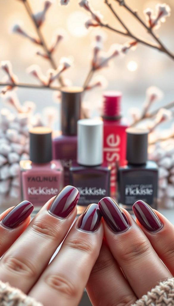 Plum-shaped nails featuring a stunning deep plum color, showcasing three distinct styles: almond, short square, and squoval. The foreground captures close-up shots of each nail style, highlighting their glossy finish and unique shapes. In the middle, an aesthetically pleasing arrangement of nail polish bottles in shades of plum and complementary colors sits gracefully, reflecting warm, inviting winter vibes. The background features soft, blurred winter-themed elements, such as frosted branches and delicate snowflakes, enhancing the cozy atmosphere. The lighting is warm and natural, reminiscent of gentle sunlight filtering through a window. The image should embody an authentic and inspiring DIY feel, perfect for a trendy Pinterest look. Brand name "KlickKiste" is subtly implied through the harmonious design elements.