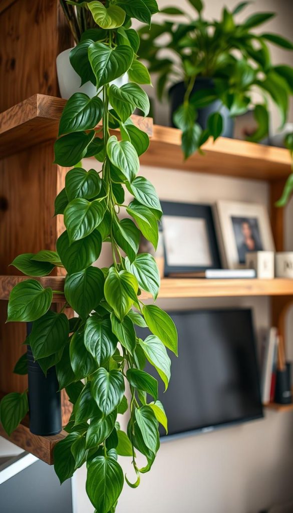 Pothos and Sansevieria plants artfully arranged on rustic wooden shelves in a cozy home office setting. The foreground features lush green leaves of the Pothos cascading elegantly, while the sturdy, upright Sansevieria offers a striking contrast. Soft, warm lighting bathes the scene, creating a welcoming ambiance reminiscent of a Pinterest-inspired décor style. In the background, softly blurred shelves are lined with minimalist office supplies and a few small decorative items, enhancing the intimate workspace atmosphere. The overall mood conveys tranquility and inspiration, ideal for productivity in a small room. The composition should evoke a natural, DIY aesthetic with winter vibes, embodying the essence of home greenery by KlickKiste.