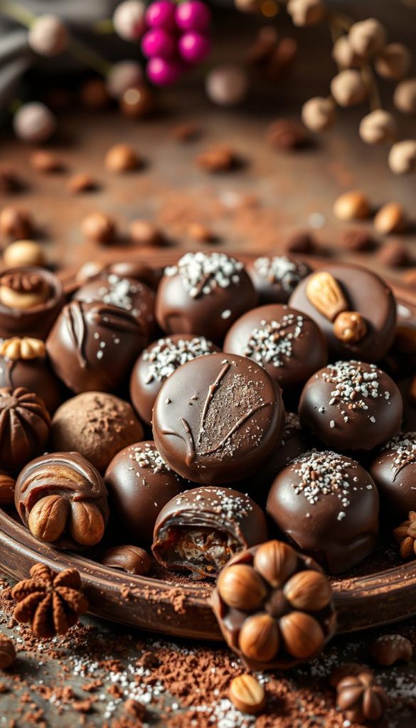 Pralinen und Schokolade mit delikaten Tönen und sinnlichen Texturen: eine elegante Anordnung von handgemachten Pralinés, umhüllt von glänzender, dunkler Schokolade. Warme, natürliche Beleuchtung erzeugt einen stimmungsvollen Rahmen, der die Kostbarkeiten betont. Feine Details wie Kakaopulver, Nüsse und Blumen verleihen der Komposition eine rustikale, handwerkliche Note, die an einen gemütlichen Wintermorgen erinnert. Erdige Farben und weiche Schatten schaffen eine einladende, authentische Atmosphäre, die Inspiration und Freude für selbstgemachte Geschenke aus der Küche versprüht.