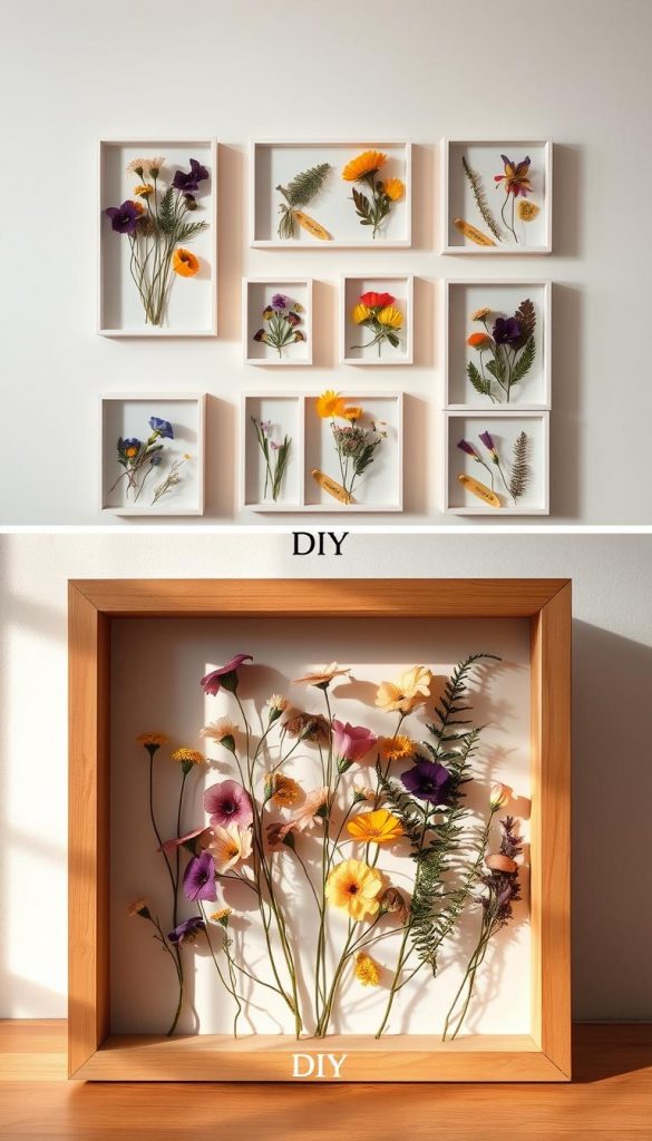 Pressed flower art displayed in a beautiful shadowbox, featuring an array of delicate, colorful blooms like pansies, daisies, and ferns, artistically arranged and preserved. The foreground is highlighted with intricate details of the pressed flowers encased in a natural wood frame, casting gentle shadows. In the middle ground, a simple, elegant gallery wall showcases multiple shadowboxes, creating a harmonious botanical display. Soft, ambient lighting enhances the warm colors of the flowers, evoking a cozy, inviting atmosphere. The background features a light, neutral wall that complements the artwork without distraction. The overall mood is inspiring and tranquil, ideal for a DIY setting. This artwork is branded with "KlickKiste" subtly integrated into the design elements, enhancing the DIY aesthetic.