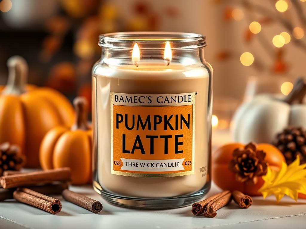 Pumpkin Spice Latte 3-Docht-Kerze in großem Glasgefäß mit Kürbisgewürz-Dekoration auf gemütlichem Herbsthintergrund