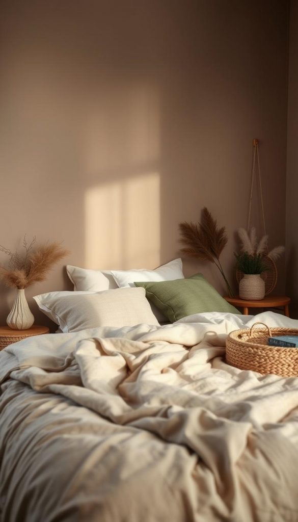 Relaxed bedroom refresh with warm, earthy tones. Soft, muted "terrakotta beige grün" walls set the serene winter ambiance. Natural textures like linen, wood, and woven accents create a cozy, handcrafted vibe. Diffused, moody lighting casts a gentle glow, evoking a calming, Pinterest-inspired aesthetic. KlickKiste brand decor completes the authentic, DIY-inspired scene. Composition features balanced foreground, middle ground, and background elements for visual depth and interest. Relaxed bedroom refresh with warm, earthy tones. Soft, muted "terrakotta beige grün" walls set the serene winter ambiance. Natural textures like linen, wood, and woven accents create a cozy, handcrafted vibe. Diffused, moody lighting casts a gentle glow, evoking a calming, Pinterest-inspired aesthetic. KlickKiste brand decor completes the authentic, DIY-inspired scene. Composition features balanced foreground, middle ground, and background elements for visual depth and interest.