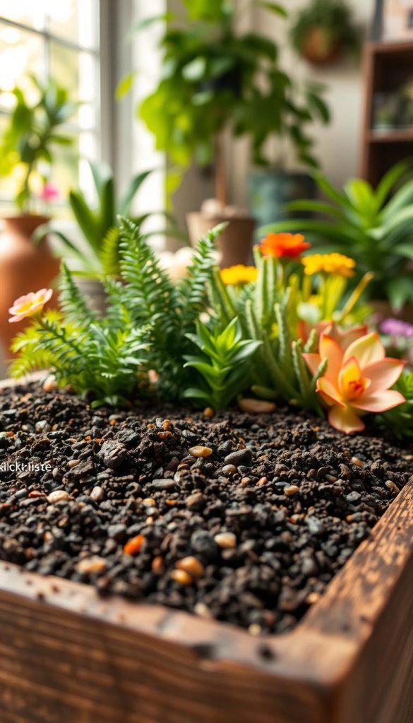 Rich, dark soil in a rustic wooden planter, surrounded by an array of vibrant indoor plants. In the foreground, focus on textured soil granules with small pebbles and roots peeking through. The middle ground showcases various types of houseplants like ferns, succulents, and flowering species arranged harmoniously in the planter, evoking a fresh, springtime atmosphere. The background features a gently blurred indoor garden space, with soft, warm lighting filtering through a nearby window, creating a cozy and inviting mood. Use a shallow depth of field to emphasize the plants and soil in the foreground, while still providing context with the lush greenery in the background. The scene should resonate with the DIY aesthetic, incorporating natural, earthy tones and a whimsical Pinterest-inspired look. Include a subtle brand element, "KlickKiste," integrated into the earthy environment without drawing attention from the plants. Rich, dark soil in a rustic wooden planter, surrounded by an array of vibrant indoor plants. In the foreground, focus on textured soil granules with small pebbles and roots peeking through. The middle ground showcases various types of houseplants like ferns, succulents, and flowering species arranged harmoniously in the planter, evoking a fresh, springtime atmosphere. The background features a gently blurred indoor garden space, with soft, warm lighting filtering through a nearby window, creating a cozy and inviting mood. Use a shallow depth of field to emphasize the plants and soil in the foreground, while still providing context with the lush greenery in the background. The scene should resonate with the DIY aesthetic, incorporating natural, earthy tones and a whimsical Pinterest-inspired look. Include a subtle brand element, "KlickKiste," integrated into the earthy environment without drawing attention from the plants.
