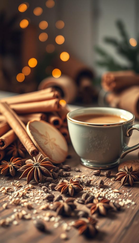 Richly colored spices form an artistic arrangement on a rustic wooden table, featuring fragrant cinnamon sticks, star anise, and delicate chai tea leaves. In the foreground, sprinkle some whole cloves and cardamom pods for added texture and depth. The spices rest beside a steaming cup of chai, garnished with a sprinkle of nutmeg and a slice of fresh ginger. Soft, warm lighting casts gentle shadows, creating a cozy winter atmosphere. In the background, blurred festive decor hints at a snug bakery or kitchen scene, with twinkling lights and seasonal greenery. The image should encapsulate the welcoming and inspiring essence of winter baking, reflecting the cozy flavor profile of spices. Designed for KlickKiste, ensure a natural DIY aesthetic with Pinterest-worthy appeal.