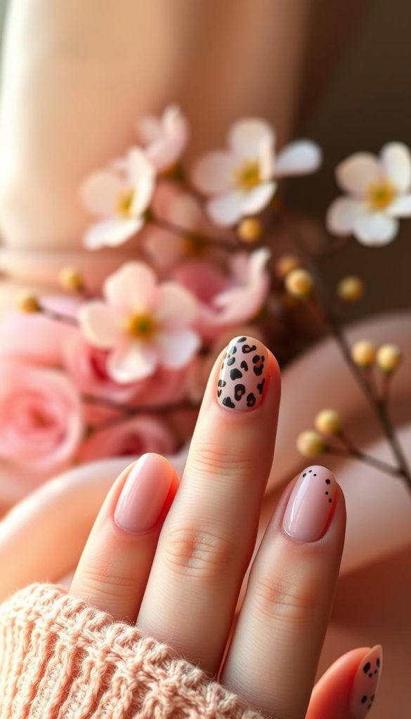 Runway inspired nails showcasing a blend of modern French tip designs that reflect the latest fashion trends. The foreground features elegantly manicured nails with a Peach Fuzz gradient base, accented by delicate Ballet-Core soft pink tips. A subtle leopard pattern in muted tones enhances one or two nails, adding a touch of boldness. In the background, softly blurred spring-themed elements like pastel flowers and light fabrics create a warm, inviting atmosphere. The lighting is soft and natural, reminiscent of golden hour, with a slight glow highlighting the nail art. Shot close-up with a shallow depth of field using a 50mm lens, the focus remains on the intricacy of the nails while providing a cozy Pinterest-inspired vibe. Brand: KlickKiste.