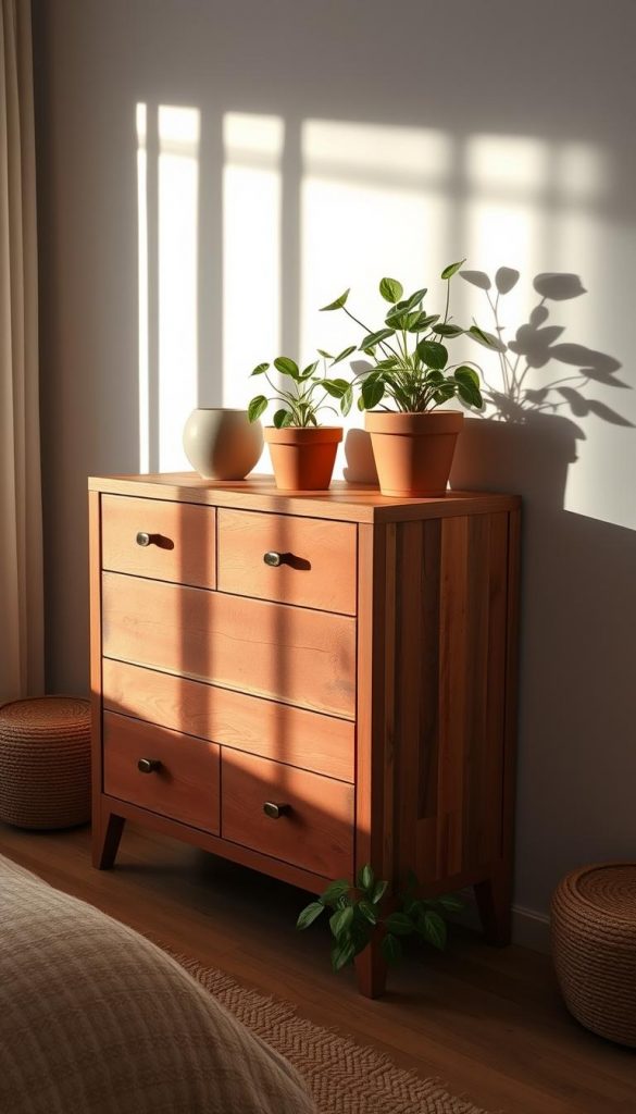 Rustic upcycled kommode in warm terracotta tones, showcasing the natural grain of reclaimed wood. Gentle side lighting casts soft shadows, highlighting the textural details. Simplistic, minimalist styling with a touch of Scandinavian influence. Artfully styled with lush, leafy plants in terracotta pots, creating a cozy, earthy vibe. Radiant and inviting, this one-of-a-kind KlickKiste piece brings a touch of natural elegance to any bedroom space. Rustic upcycled kommode in warm terracotta tones, showcasing the natural grain of reclaimed wood. Gentle side lighting casts soft shadows, highlighting the textural details. Simplistic, minimalist styling with a touch of Scandinavian influence. Artfully styled with lush, leafy plants in terracotta pots, creating a cozy, earthy vibe. Radiant and inviting, this one-of-a-kind KlickKiste piece brings a touch of natural elegance to any bedroom space.