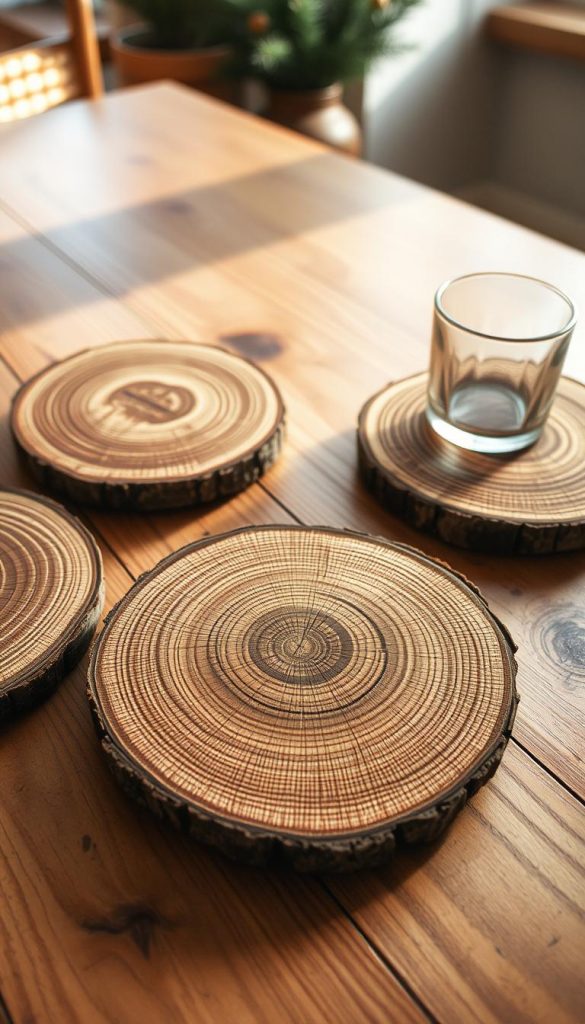 Rustic wooden tree slice coasters arranged on a wooden table, illuminated by warm, natural lighting. The wood showcases its beautiful grain patterns, knots, and earthy tones, creating a cozy and inviting atmosphere. A minimalist, Scandinavian-inspired setting, with a touch of winter charm. The coasters are placed strategically, creating a visually appealing composition. The image has a soft, slightly hazy quality, capturing the essence of handcrafted, nature-inspired decor.