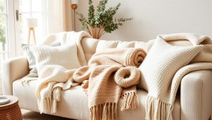 Sammlung neutraler Decken und Throws auf einem gemütlichen Sofa arrangiert