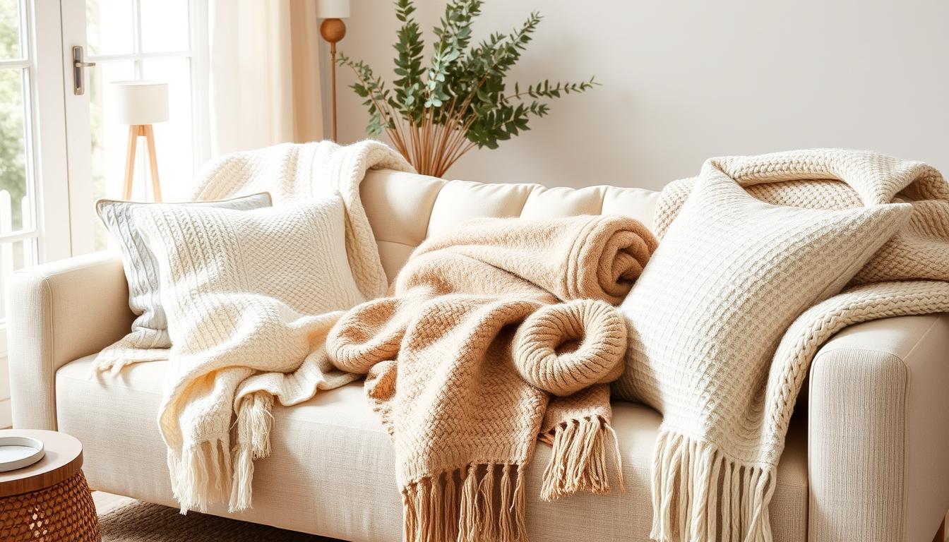 Sammlung neutraler Decken und Throws auf einem gemütlichen Sofa arrangiert