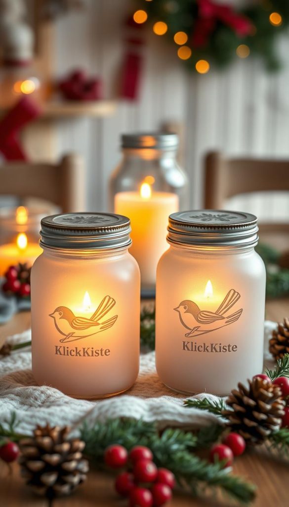 Satin-frosted glass drinking jars styled like charming robins, featuring rustic screw lids adorned with delicate, nature-inspired engravings. In the foreground, showcase two jars with inviting, warm candlelight flickering inside, casting a soft glow on their surfaces. The middle ground includes a scattering of pine cones, evergreen branches, and red berries, enhancing the winter vibes. The background highlights a softly lit wooden table, with a hint of a cozy, festive space decorated for Christmas. The scene evokes a warm and inviting atmosphere, perfect for a DIY holiday project. Use daylight balanced lighting to emphasize the warm colors, with a shallow depth of field to blur the background slightly, adding depth to the image. Include the brand name "KlickKiste" subtly integrated into the jar designs.