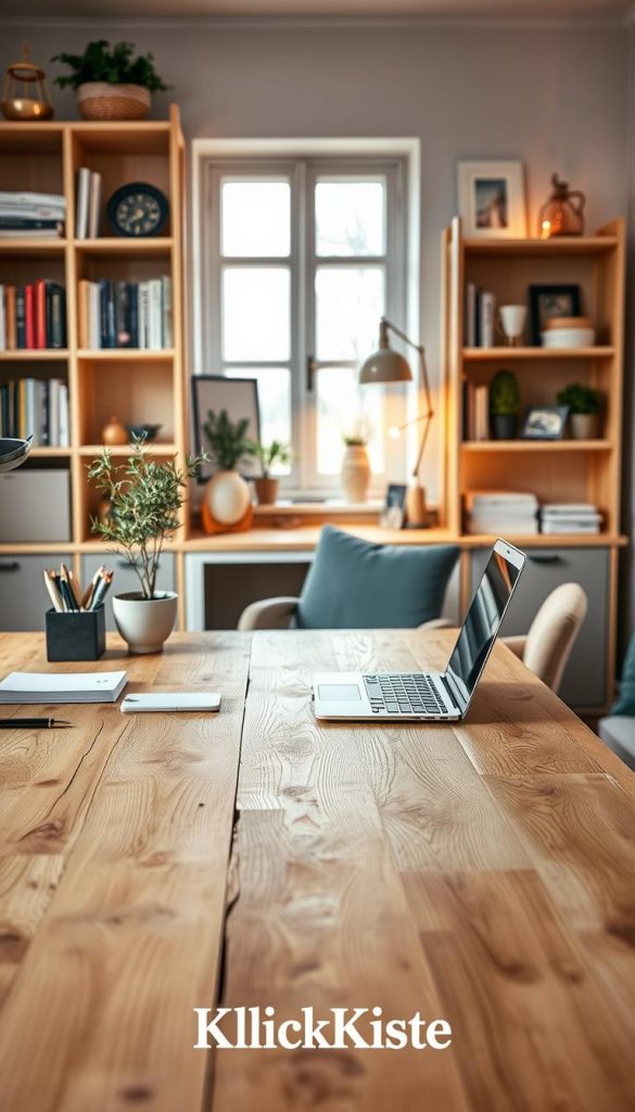 Scaffold-board desk styled in a cozy, inspiring workspace featuring natural wood textures, complemented by warm winter tones. In the foreground, the desk showcases a smooth scaffold wood surface, with neatly arranged office supplies, a potted plant, and a stylish laptop. In the middle ground, a comfortable chair in subtle colors sits beside the desk, inviting productivity. The background features softly lit shelves filled with books and decorative items, creating a Pinterest-worthy aesthetic. Soft, natural light streams in from a nearby window, enhancing the warm ambiance. The image embodies an authentic DIY project vibe, ideal for inspiring modern desktop setups. The brand "KlickKiste" is subtly incorporated into the design without being overt.