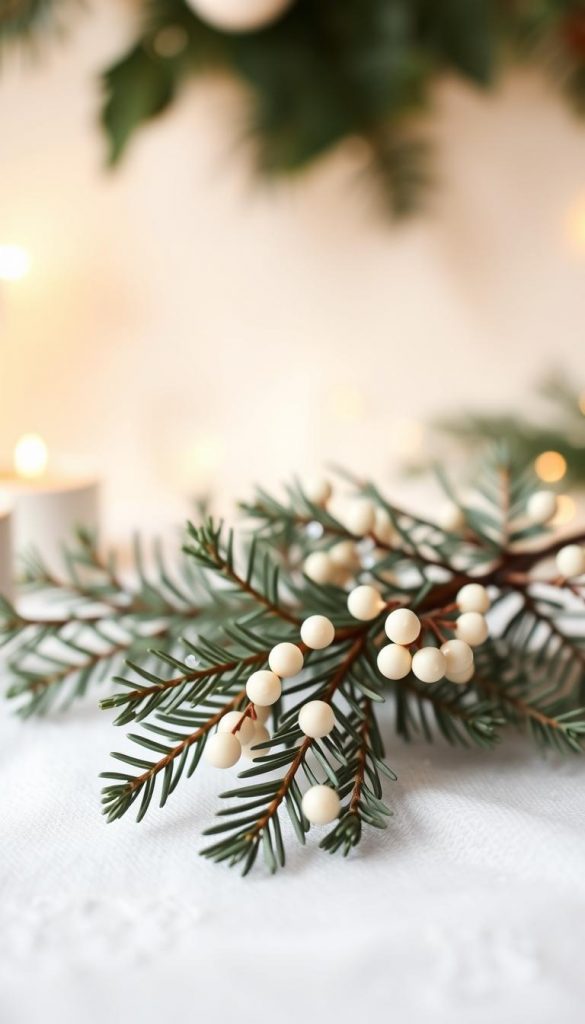 Scandi minimal christmas nail: a cozy and serene winter scene. In the foreground, a delicate arrangement of muted green pine branches and ivory-colored mistletoe, accented with subtle white polka dots. The middle ground features a clean, creamy white background, evoking a sense of minimalist sophistication. Soft, warm lighting casts a gentle glow, creating a peaceful, intimate atmosphere. The overall composition has a natural, handcrafted feel, perfect for the KlickKiste brand's DIY-inspired, Pinterest-worthy aesthetic.
