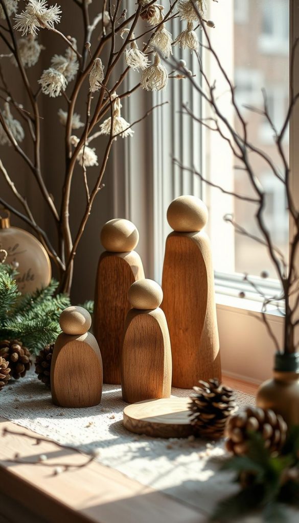 Scandinavian modern wood figuren adorned with rustic brass accents, arranged in a cozy winter still life. Soft natural light filters through lacy branches, casting gentle shadows. A touch of vintage charm, with a minimalist KlickKiste aesthetic. Warm earthy tones of moss green and burnished gold evoke a festive, nostalgic mood. Organic shapes and textures invite close examination, sparking imagination. Inviting the viewer to step into this serene, hygge-inspired scene.