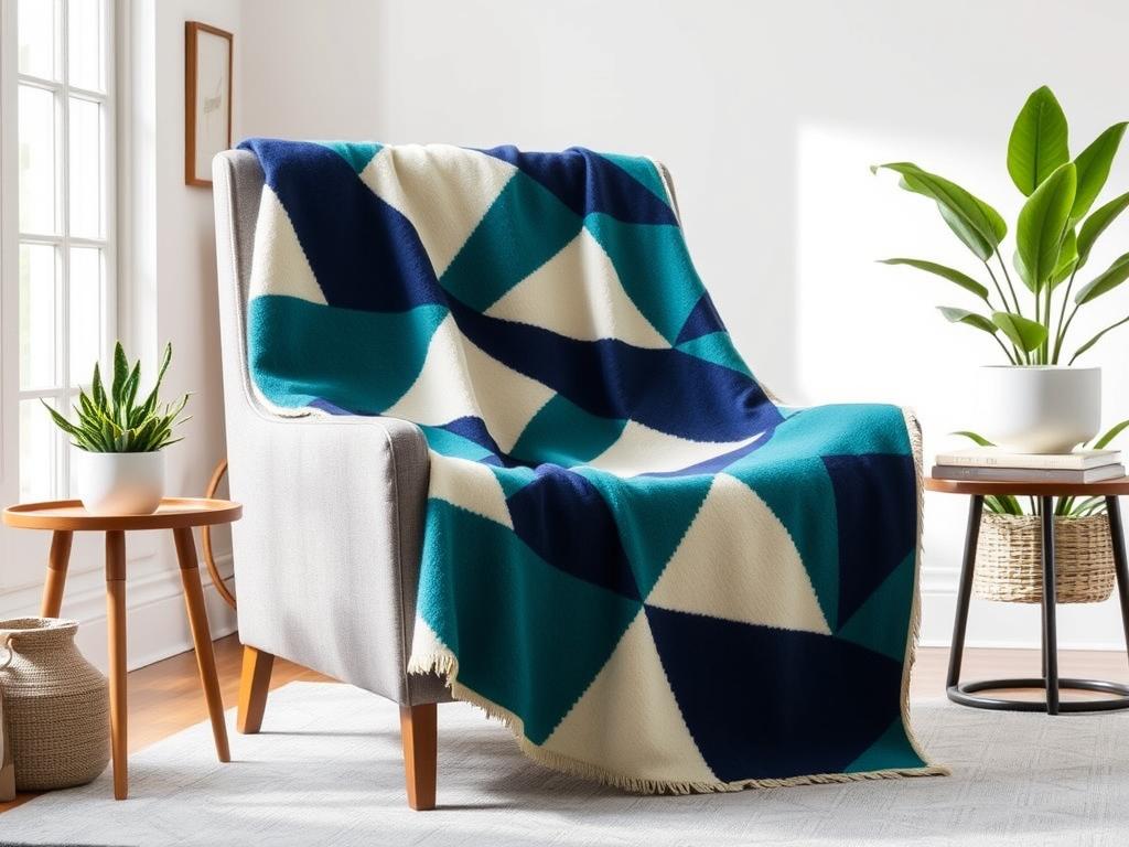 Seek & Swoon Throw Blanket mit modernem geometrischen Muster in einem stilvollen Wohnzimmer