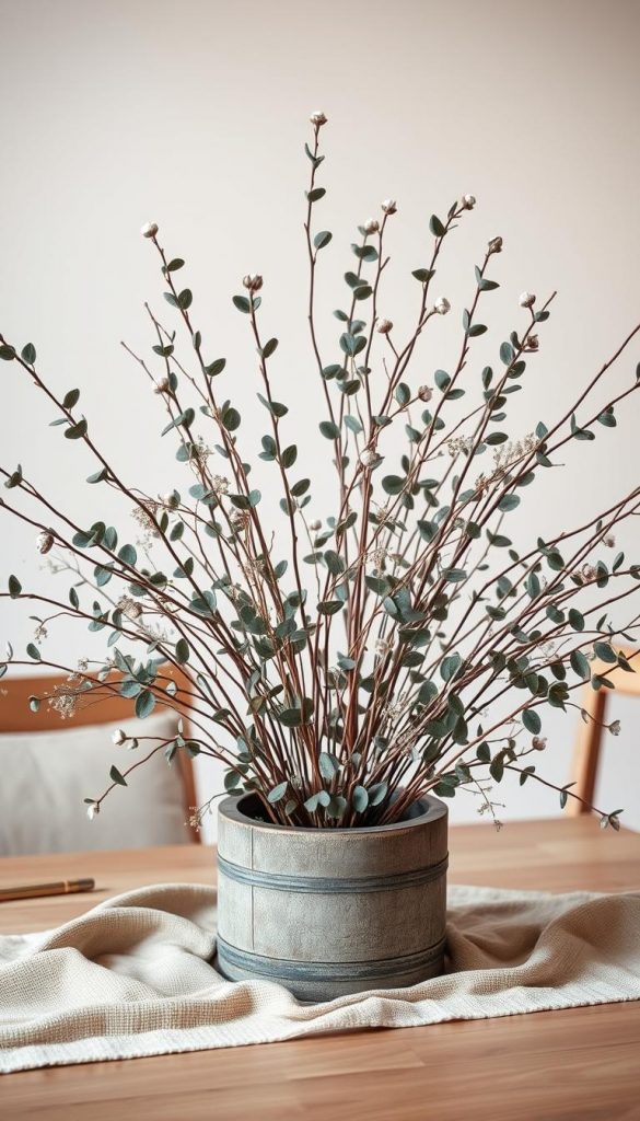 Serene Scandinavian eucalyptus decor with a minimalist twist. A striking centerpiece of natural dried eucalyptus branches, delicately arranged in a rustic KlickKiste planter. Accented by soft, earthy tones and clean lines, evoking a cozy, winter-inspired ambiance. Diffused, warm lighting casts a gentle glow, highlighting the organic textures. The overall scene radiates a sense of understated elegance and Pinterest-worthy charm. Authentic, inspiring DIY vibes that capture the essence of the "Skandi clean" aesthetic. Serene Scandinavian eucalyptus decor with a minimalist twist. A striking centerpiece of natural dried eucalyptus branches, delicately arranged in a rustic KlickKiste planter. Accented by soft, earthy tones and clean lines, evoking a cozy, winter-inspired ambiance. Diffused, warm lighting casts a gentle glow, highlighting the organic textures. The overall scene radiates a sense of understated elegance and Pinterest-worthy charm. Authentic, inspiring DIY vibes that capture the essence of the "Skandi clean" aesthetic.