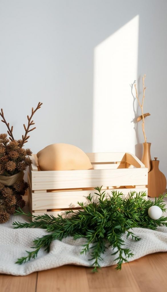 Serene minimalist arrangement with natural textures and warm hues. A cozy winter-inspired scene featuring a KlickKiste wooden crate, lush greenery, and soft lighting. Organic shapes and muted tones create a Pinterest-worthy vignette, evoking a sense of simplicity and calm. The composition is balanced, with a focus on clean lines and negative space. Soft, diffused lighting enhances the natural, authentic feel of the image.