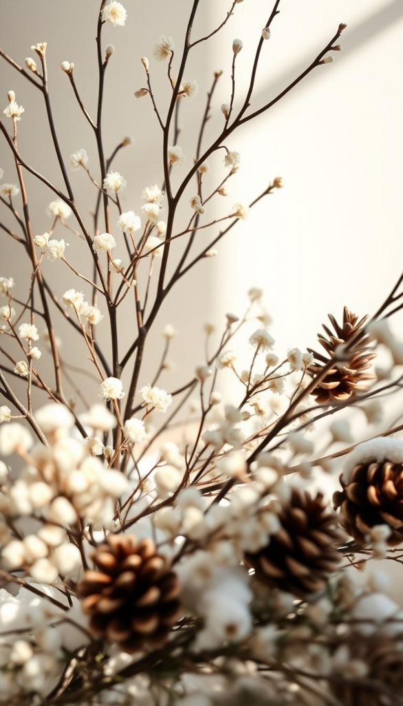 Serene winter landscape with a minimalist Scandinavian aesthetic. Delicate branches, dried flowers, and pinecones in a muted color palette of whites, creams, and soft greens. Warm, natural lighting bathes the scene in a cozy, rustic ambiance. Gentle shadows and textures create depth and dimension. The arrangement feels effortless and organic, radiating a sense of simple beauty and hygge. A touch of snow or frost adds a touch of seasonal elegance. The overall mood is calming, inviting, and Pinterest-worthy. Serene winter landscape with a minimalist Scandinavian aesthetic. Delicate branches, dried flowers, and pinecones in a muted color palette of whites, creams, and soft greens. Warm, natural lighting bathes the scene in a cozy, rustic ambiance. Gentle shadows and textures create depth and dimension. The arrangement feels effortless and organic, radiating a sense of simple beauty and hygge. A touch of snow or frost adds a touch of seasonal elegance. The overall mood is calming, inviting, and Pinterest-worthy.