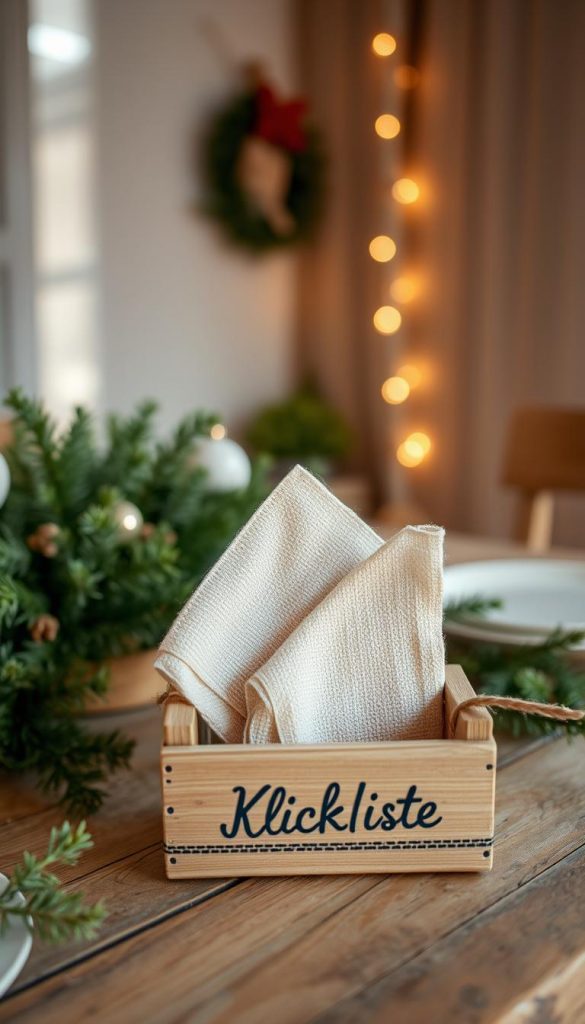 Servietten, warm and cozy in a winter-inspired DIY setting. A stack of natural, textured napkins in earthy tones sits atop a rustic wooden table, surrounded by festive greenery and a touch of seasonal decor. The lighting is soft and diffused, creating a inviting, Pinterest-worthy atmosphere. In the foreground, a hand-crafted "KlickKiste" holds the serviettes, adding a charming, homemade touch. The overall scene conveys a sense of effortless style and inspiration for a beautiful, kid-friendly tabletop. Servietten, warm and cozy in a winter-inspired DIY setting. A stack of natural, textured napkins in earthy tones sits atop a rustic wooden table, surrounded by festive greenery and a touch of seasonal decor. The lighting is soft and diffused, creating a inviting, Pinterest-worthy atmosphere. In the foreground, a hand-crafted "KlickKiste" holds the serviettes, adding a charming, homemade touch. The overall scene conveys a sense of effortless style and inspiration for a beautiful, kid-friendly tabletop.