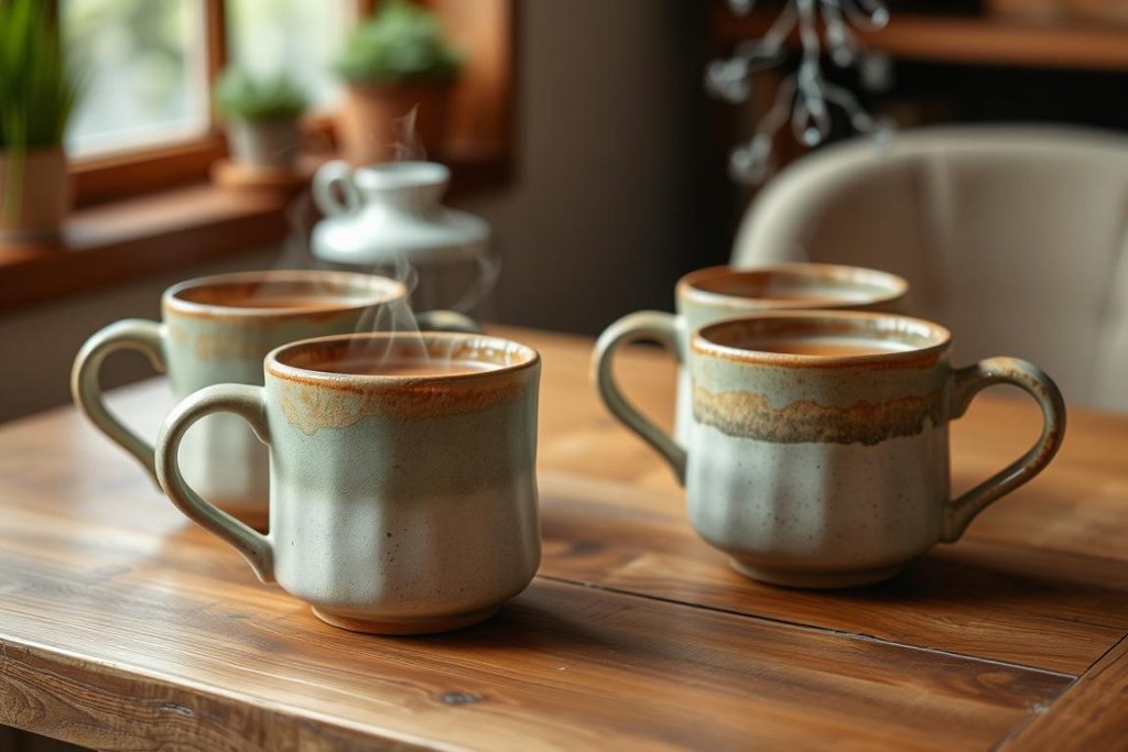 Set handgefertigter Keramiktassen in sanften Erdtönen mit unregelmäßiger Textur, gefüllt mit dampfendem Getränk auf einem Holztisch