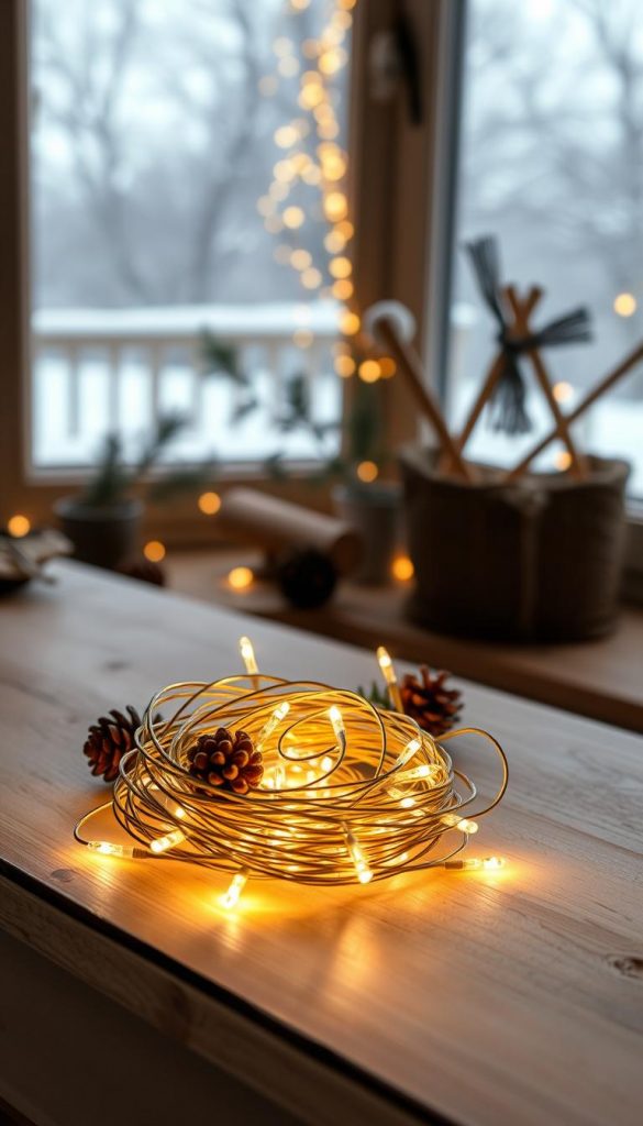 Setup and installation of a KlickKiste lichterkette (string lights) in a cozy, rustic winter scene. A wooden table or windowsill in the foreground, with the neatly coiled string of lights and a few simple decorative elements like pinecones or greenery. Soft, warm lighting emanating from the lit-up lichterkette, creating a inviting and atmospheric mood. The middle ground features a snowy, outdoor landscape visible through a window, with a hint of twinkling fairy lights in the distance. The background is blurred, focusing attention on the calm, handmade setup. Muted earth tones, natural textures, and a serene, hygge-inspired aesthetic convey a sense of tranquility and comfort.