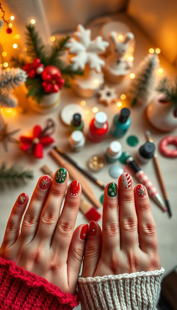 Short, festive Christmas nails in a DIY setting, featuring intricate designs like snowflakes, Christmas trees, and candy canes. The foreground showcases hands with beautifully manicured short nails in vibrant red, green, and white, with shimmering accents. In the middle, a cozy worktable is adorned with nail art supplies, including brushes, glitter, and polish bottles. The background features soft, blurred fairy lights and winter-themed decorations, enhancing the festive atmosphere. The lighting is warm and inviting, reminiscent of cozy winter nights. Capture this scene with a slight overhead angle to emphasize the detailed nail art. The overall mood should be inspiring and authentic, reflecting the DIY spirit of KlickKiste. Short, festive Christmas nails in a DIY setting, featuring intricate designs like snowflakes, Christmas trees, and candy canes. The foreground showcases hands with beautifully manicured short nails in vibrant red, green, and white, with shimmering accents. In the middle, a cozy worktable is adorned with nail art supplies, including brushes, glitter, and polish bottles. The background features soft, blurred fairy lights and winter-themed decorations, enhancing the festive atmosphere. The lighting is warm and inviting, reminiscent of cozy winter nights. Capture this scene with a slight overhead angle to emphasize the detailed nail art. The overall mood should be inspiring and authentic, reflecting the DIY spirit of KlickKiste.