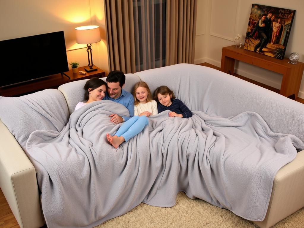 Silentnight Snugsie Giant Blanket in übergröße auf einem großen Sofa mit Familie