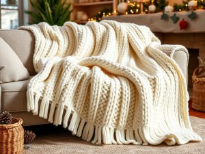 Skandinavische Strickdecke in cremefarbenen Tönen auf einem Sofa drapiert mit Cozy Winter Home Decor 2026 Elementen im Hintergrund