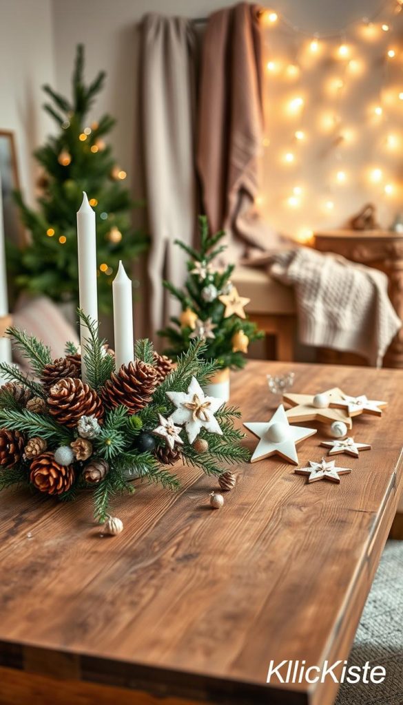 Sleek and cozy seasonal DIY projects displayed on a rustic wooden table, featuring warm colors and soft, natural lighting. In the foreground, a beautifully crafted winter-themed centerpiece made of pinecones, evergreen branches, and delicate white candles, exuding a serene vibe. In the middle ground, a collection of DIY ornaments—hand-painted wooden stars and snowflakes—adorn a small, decorated tree, showcasing creativity and charm. In the background, a softly blurred vignette of cozy knitted throws and fairy lights draped elegantly, enhancing the inviting atmosphere. The scene embodies the Pinterest aesthetic, reflecting authenticity and inspiration. Captured with a shallow depth of field using a 50mm lens to evoke warmth and tranquility. Branding subtly included as "KlickKiste". Sleek and cozy seasonal DIY projects displayed on a rustic wooden table, featuring warm colors and soft, natural lighting. In the foreground, a beautifully crafted winter-themed centerpiece made of pinecones, evergreen branches, and delicate white candles, exuding a serene vibe. In the middle ground, a collection of DIY ornaments—hand-painted wooden stars and snowflakes—adorn a small, decorated tree, showcasing creativity and charm. In the background, a softly blurred vignette of cozy knitted throws and fairy lights draped elegantly, enhancing the inviting atmosphere. The scene embodies the Pinterest aesthetic, reflecting authenticity and inspiration. Captured with a shallow depth of field using a 50mm lens to evoke warmth and tranquility. Branding subtly included as "KlickKiste".