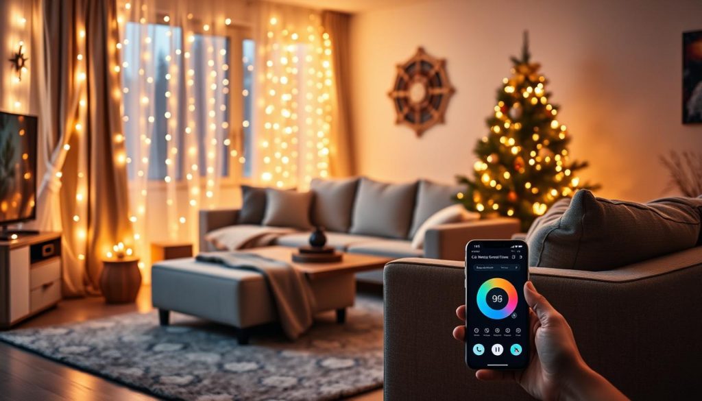 Smarte LED-Lichterkette Aurora schafft gemütliche Atmosphäre in einem Wohnzimmer mit Cozy Winter Home Decor 2026 Elementen