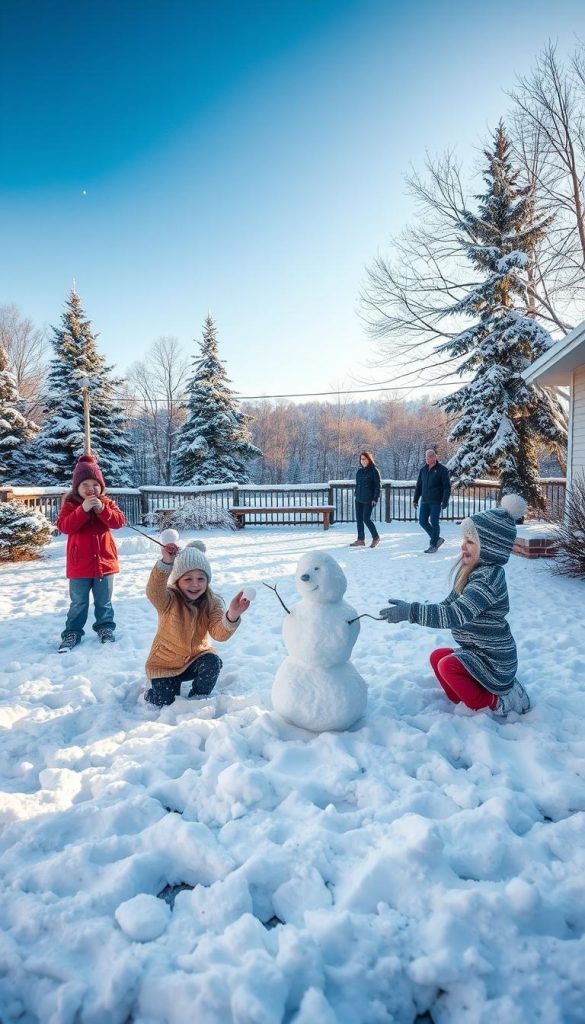 Snowy winter wonderland filled with joyful children playing in the fresh powder. A picturesque backyard scene with a KlickKiste in the foreground, where kids are building a snowman and having a snowball fight. Warm lighting casts a cozy glow, capturing the authentic family fun. In the middle ground, parents supervise and join in the frosty festivities. The background depicts a serene, snow-covered landscape with pine trees and a clear, blue sky. An inviting, natural DIY-inspired aesthetic with a Pinterest-ready look and feel.