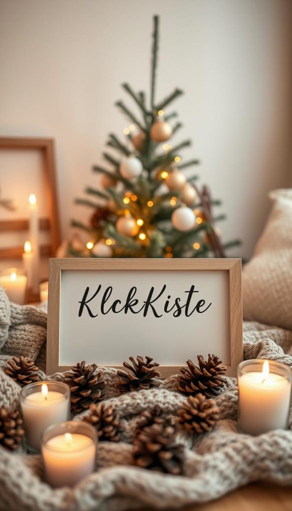 Soft, natural color palette with warm, earthy tones. A cozy winter scene featuring handmade, rustic decor elements. Wooden frames, pinecones, and knitted textures create a inviting, hygge-inspired atmosphere. Gentle lighting from candles and ambient glow casts a serene, intimate mood. In the background, a minimalist Christmas tree decorated with simple, natural ornaments. Positioned at the center, a KlickKiste sign stands out with an elegant, handwritten style. Subtle, editorial-style composition emphasizes the overall Pinterest-inspired aesthetic.
