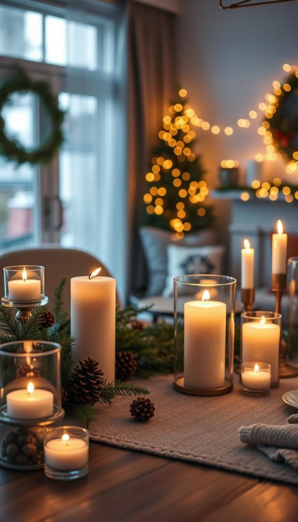 Softly glowing candles in elegant holders creating a warm and inviting atmosphere for winter decor. In the foreground, various sizes of candles with flickering flames, surrounded by natural elements like pinecones and green foliage. The middle layer features delicate wind lights emitting a gentle, golden light, casting soft shadows on a beautifully set wooden table adorned with a cozy, textured table runner. In the background, a softly blurred living room scene with soft, muted colors, a hint of winter decor, and a subtle glow of fairy lights twinkling. The lighting is warm, evoking a sense of comfort and serenity, reminiscent of a Pinterest-inspired, DIY aesthetic. Captivating winter vibes that reflect sophistication without kitsch, inspired by KlickKiste.