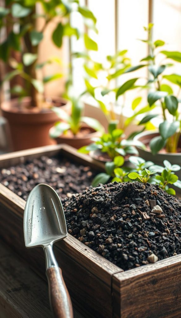 Soil mix composition displayed in a rustic wooden planter, featuring layers of rich dark earth, pebbles, and organic matter, showcasing its texture and moisture. In the foreground, a small hand trowel rests beside the planter, emphasizing the DIY gardening theme. The middle ground includes a few potted plants in vibrant greens, hinting at the potential of well-fed soil. In the background, soft natural light filters through leafy plants, casting gentle shadows and creating a warm, inviting atmosphere, evoking a sense of inspiration for balcony gardening. The overall image should capture a cozy, nature-inspired vibe, reflecting the DIY aesthetic of KlickKiste.