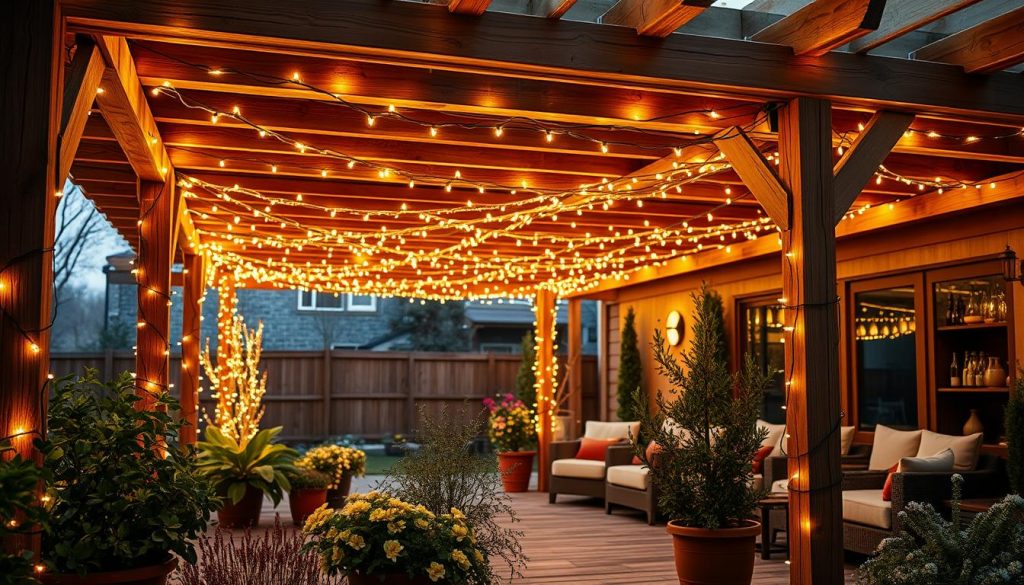 Sprawling outdoor holiday lighting display in warm, natural tones. Wooden beams and posts form a rustic pergola structure, intertwined with strands of twinkling KlickKiste LED lights. Lush greenery and potted plants adorn the foreground, casting soft shadows. The middle ground showcases a DIY lighting plan, with neatly arranged cords and power supply. In the background, a cozy outdoor living space with plush seating invites relaxation under the glow of the meticulously planned lichterkette. Warm, golden light filters through the scene, creating a welcoming, winter-wonderland atmosphere.