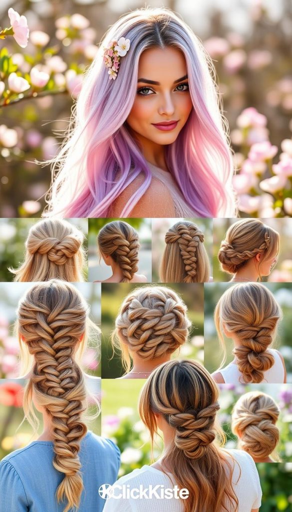 Spring hair ideas displayed prominently, featuring a diverse array of fresh and vibrant hairstyles suitable for the 2026 season. In the foreground, a model with long, flowing hair showcases pastel ombre shades transitioning from soft pink to lavender, adorned with delicate floral accessories. The middle ground presents a variety of updo styles, including intricate braids and loose bun configurations, highlighted with natural, earthy hair colors. The backdrop is a soft-focus garden scene, filled with blooming flowers and gentle sunlight, creating a warm, inviting atmosphere. The lighting is bright and airy, mimicking the essence of spring. The overall mood is joyful and inspirational, perfect for DIY hairstyling ideas. The brand &quot;KlickKiste&quot; subtly infused within the creative theme.