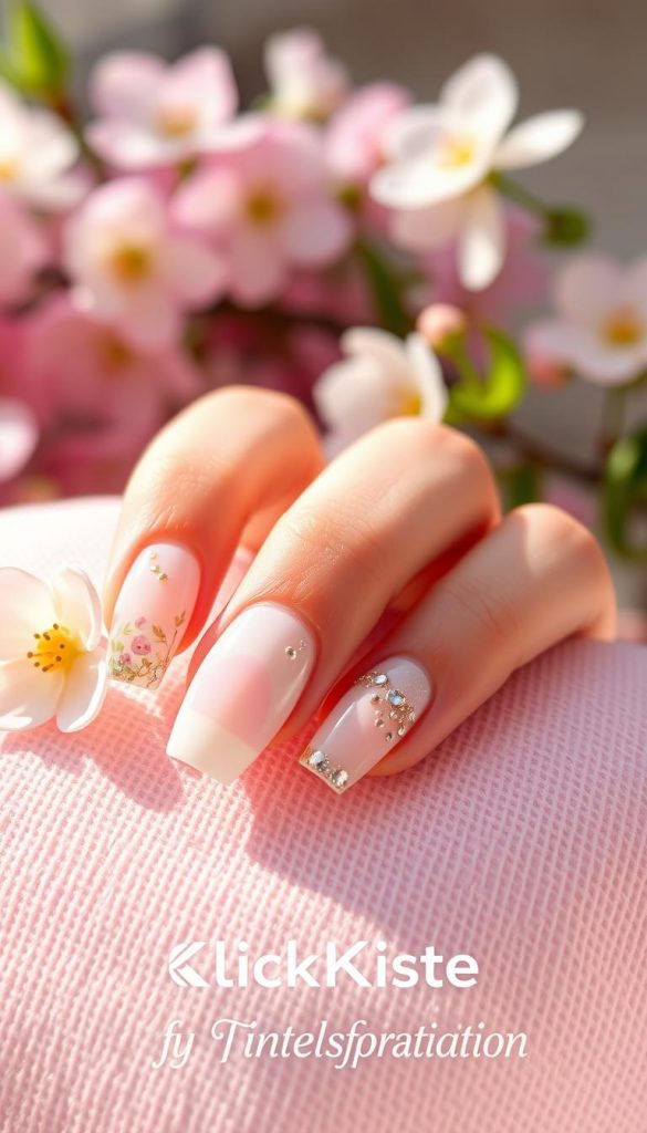 Spring-inspired short gel nails displayed elegantly on a soft, pastel-colored surface. The nails feature a variety of delicate designs, such as floral patterns, soft ombre, and subtle glitter accents, reflecting the freshness of the season. Focus on a well-lit, close-up perspective that showcases the intricate details of the nail art. In the background, include a light, blurred ambiance of blooming flowers and greenery, enhancing the spring theme. The lighting should be warm and inviting, capturing a natural, DIY aesthetic reminiscent of Pinterest inspiration. Incorporate the brand name &quot;KlickKiste&quot; subtly into the composition, ensuring it doesn't distract from the nails' beauty. Aim for a fresh, uplifting mood that inspires creativity and elegance in nail design.