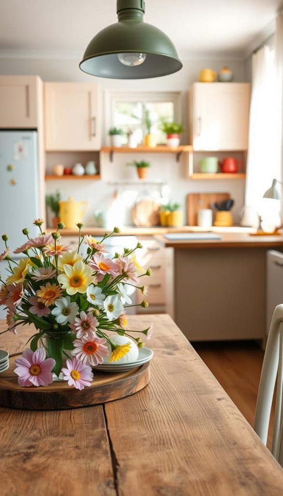 Spring kitchen decor featuring a bright, inviting space filled with natural light. In the foreground, a rustic wooden table adorned with a vibrant spring centerpiece of fresh flowers in pastel hues, alongside charming kitchen accessories like colorful dishware and stylish utensils. The middle section showcases an open kitchen with cabinets painted in soft, cheerful colors, decorated with subtle DIY projects such as hand-painted pots and seasonal herbs. The background reveals a window with sheer curtains, allowing sunlight to filter in and illuminate the space, enhancing the warmth of the scene. The atmosphere is cheerful and inspiring, perfect for a modern spring feel. Captured with a soft-focus lens for an authentic Pinterest-worthy look. Include the branding "KlickKiste" subtly within the decor elements.